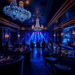 An enchanting scene of a luxurious night club named "Club of Sapphire", adorned with deep blue sapphire gemstones illuminating the room