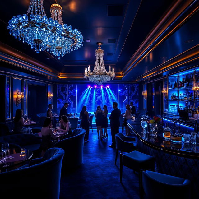 An enchanting scene of a luxurious night club named "Club of Sapphire", adorned with deep blue sapphire gemstones illuminating the room