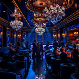 An enchanting scene of a luxurious night club named "Club of Sapphire", adorned with deep blue sapphire gemstones illuminating the room