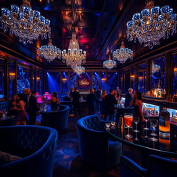 An enchanting scene of a luxurious night club named "Club of Sapphire", adorned with deep blue sapphire gemstones illuminating the room