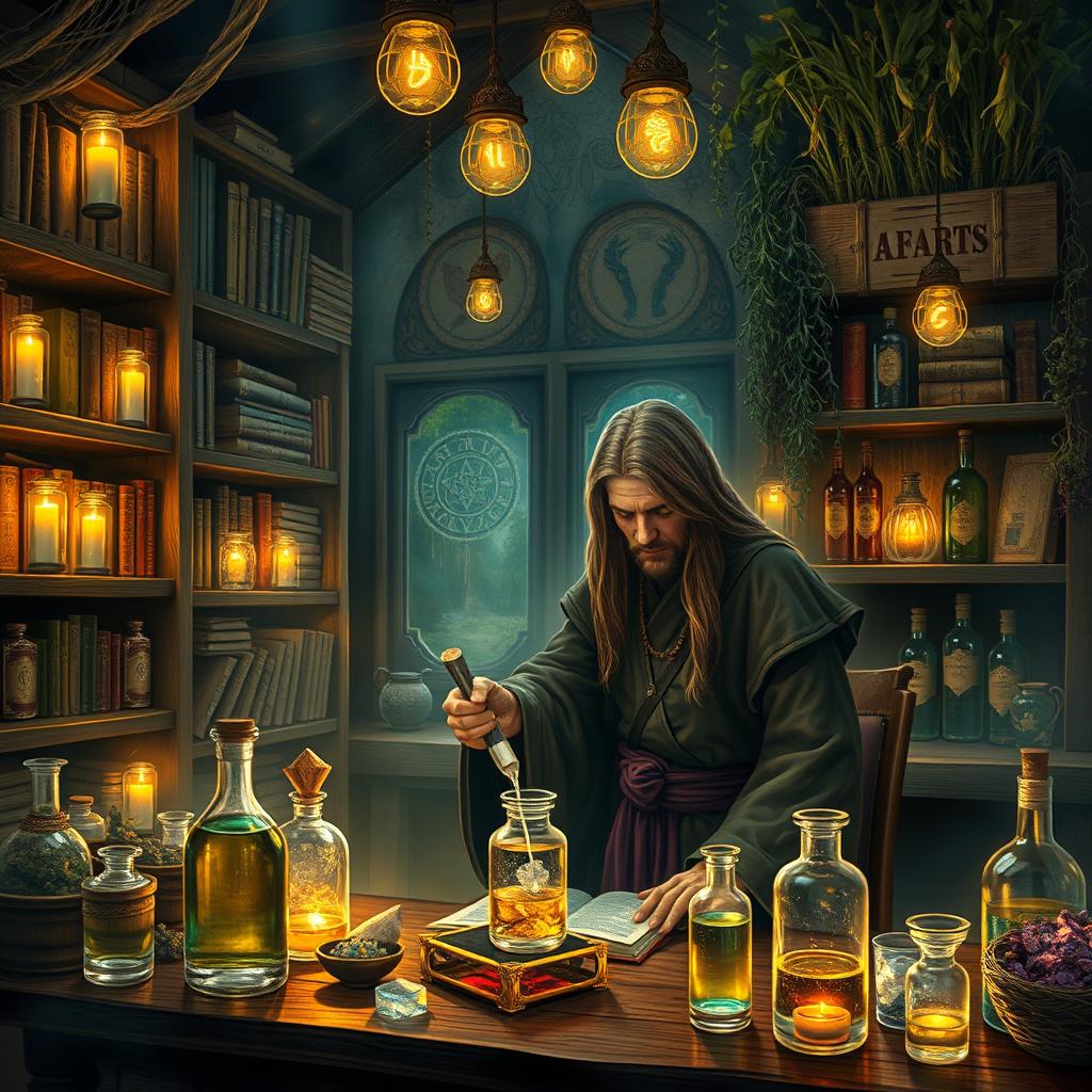 A serene apothecary scene illuminated by soft, ethereal light