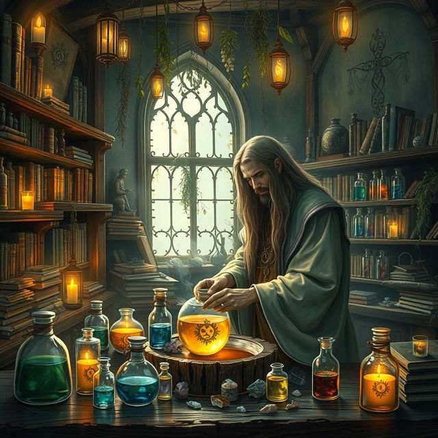 A serene apothecary scene illuminated by soft, ethereal light