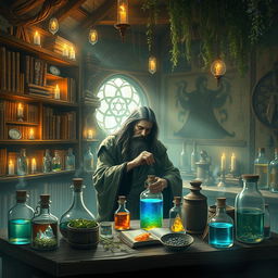 A serene apothecary scene illuminated by soft, ethereal light