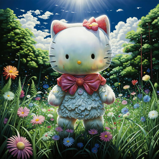 Ultra-realistic, extra fuzzy Hello Kitty in a vibrant meadow, with every detail accentuated for lifelike quality.