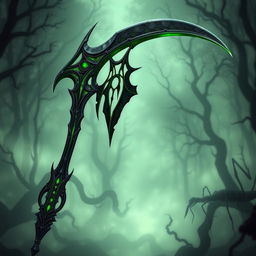 A detailed and striking image of a scythe imbued with the essence of Negate Venom, featuring a sleek, elongated blade with a shimmering dark finish that appears to absorb light