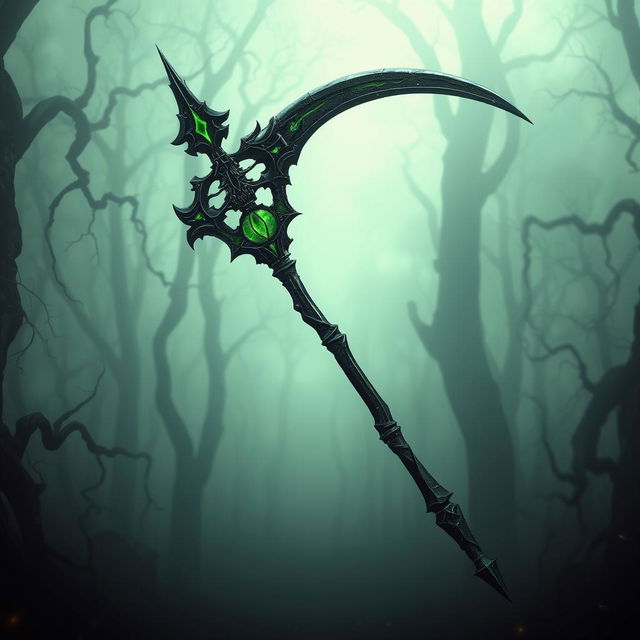 A detailed and striking image of a scythe imbued with the essence of Negate Venom, featuring a sleek, elongated blade with a shimmering dark finish that appears to absorb light