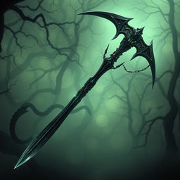 A detailed and striking image of a scythe imbued with the essence of Negate Venom, featuring a sleek, elongated blade with a shimmering dark finish that appears to absorb light