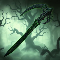 A detailed and striking image of a scythe imbued with the essence of Negate Venom, featuring a sleek, elongated blade with a shimmering dark finish that appears to absorb light