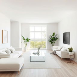 A modern, minimalist, and elegant living room featuring predominantly white colors