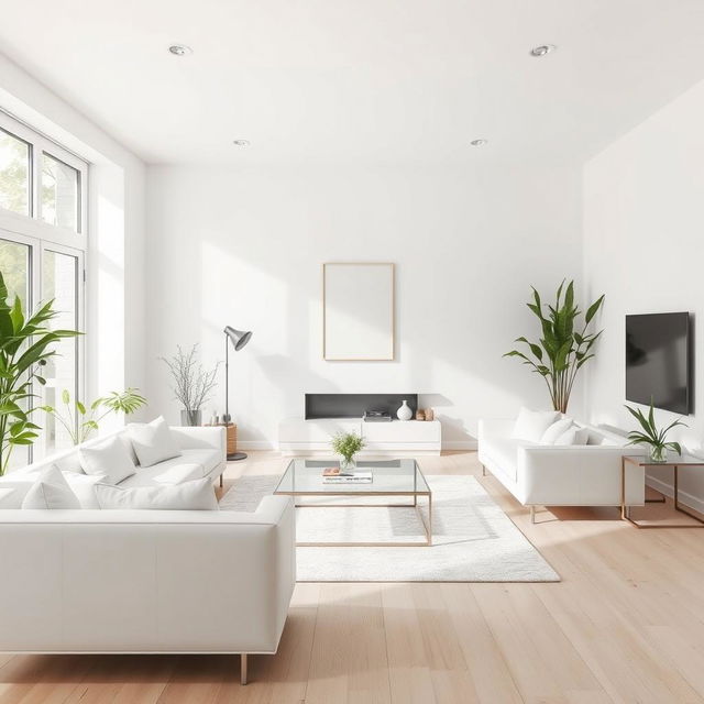 A modern, minimalist, and elegant living room featuring predominantly white colors