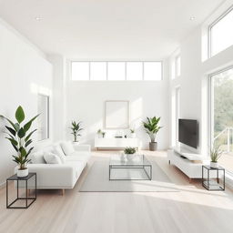 A modern, minimalist, and elegant living room featuring predominantly white colors