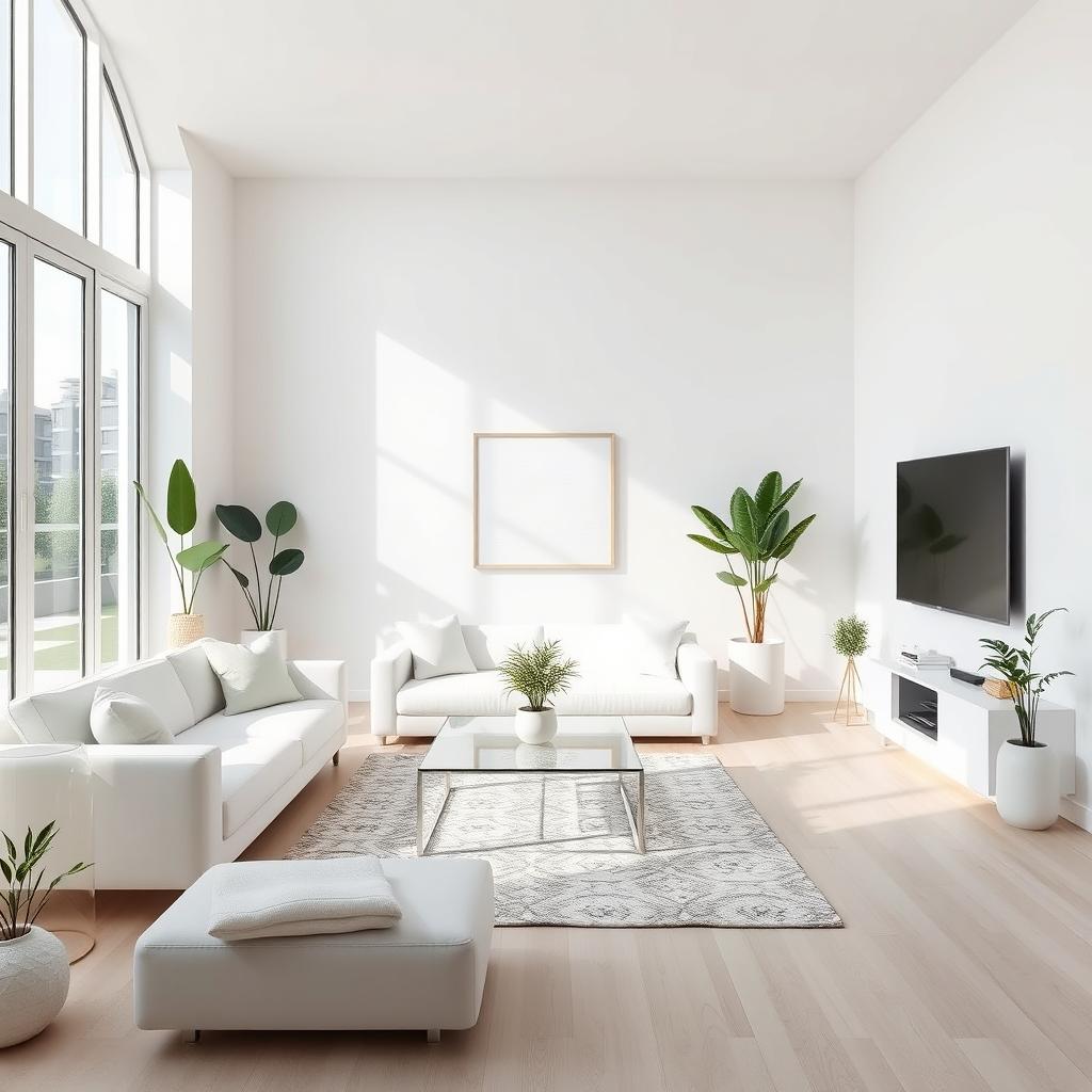 A modern, minimalist, and elegant living room featuring predominantly white colors