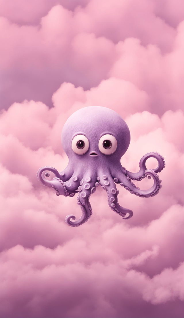 A lo-fi minimalist image featuring an adorable baby octopus floating in a cloud-filled sky with vintage tones and chill vibes.