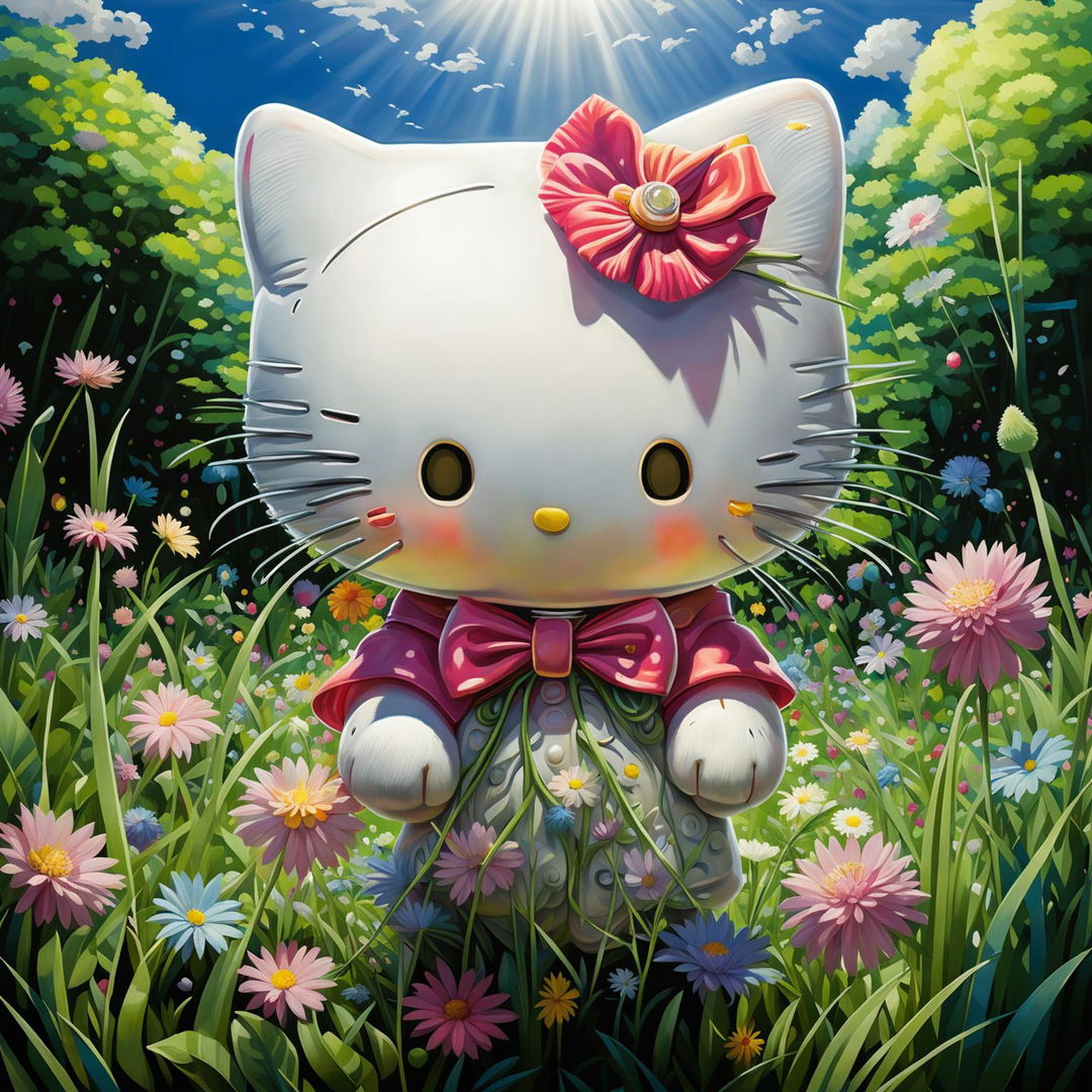 Ultra-realistic, extra fuzzy Hello Kitty in a vibrant meadow, rendered in a kawaii style for heightened cuteness.