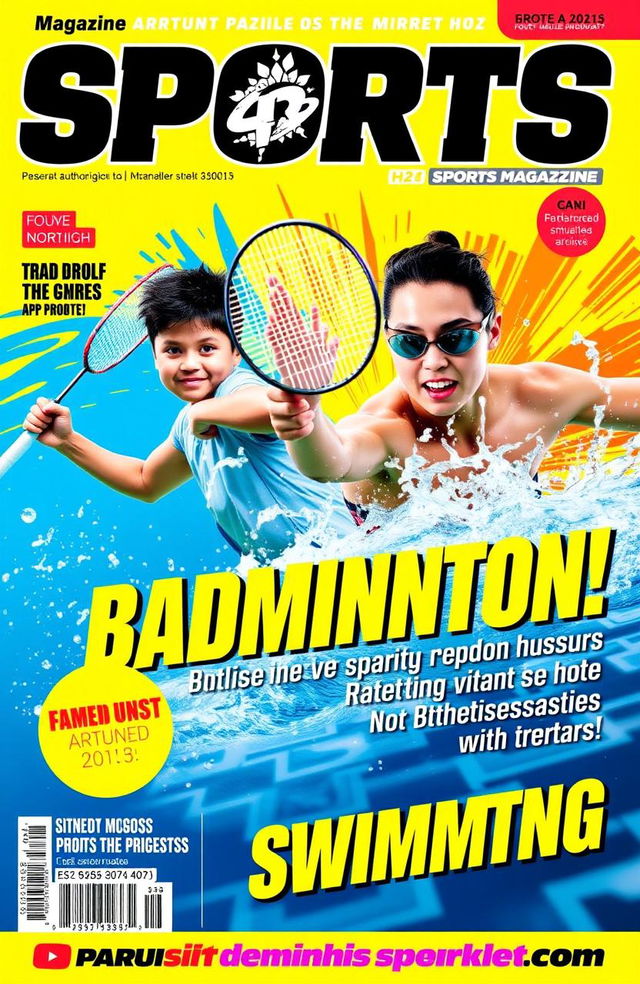 An action-packed cover for a sports magazine featuring a dynamic badminton player mid-swing with a racket, showcasing intense focus and athleticism