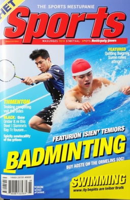 An action-packed cover for a sports magazine featuring a dynamic badminton player mid-swing with a racket, showcasing intense focus and athleticism