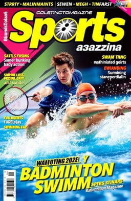 An action-packed cover for a sports magazine featuring a dynamic badminton player mid-swing with a racket, showcasing intense focus and athleticism