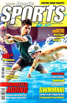 An action-packed cover for a sports magazine featuring a dynamic badminton player mid-swing with a racket, showcasing intense focus and athleticism