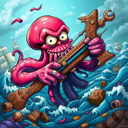 A whimsical and artistic portrayal of a 'Drunken Kraken' holding a large, intricately designed crossbow