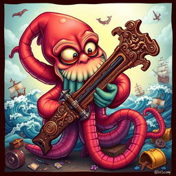 A whimsical and artistic portrayal of a 'Drunken Kraken' holding a large, intricately designed crossbow