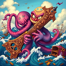 A whimsical and artistic portrayal of a 'Drunken Kraken' holding a large, intricately designed crossbow
