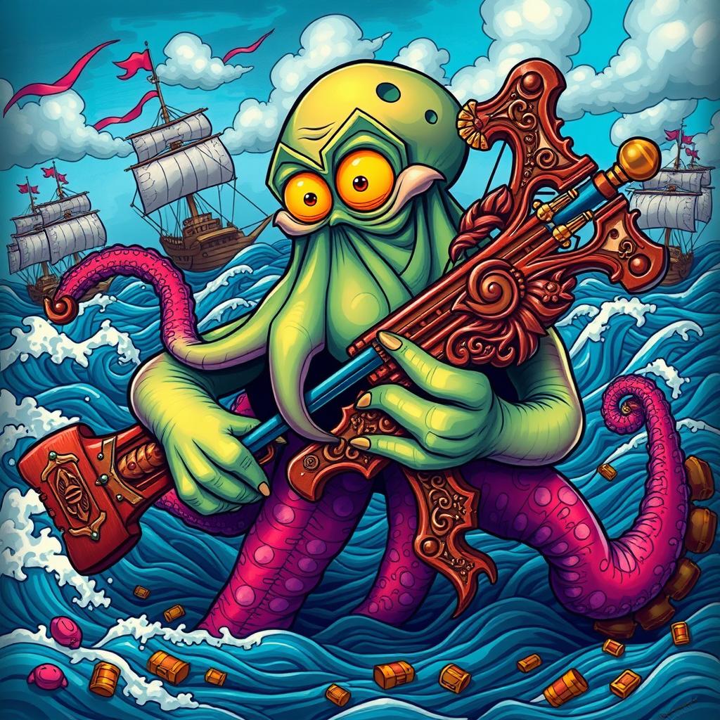 A whimsical and artistic portrayal of a 'Drunken Kraken' holding a large, intricately designed crossbow