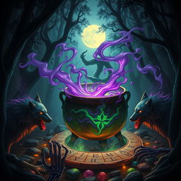 A mythical scene depicting "Vicious Wolf's Brew", an enchanting potion brewing in a cauldron amidst a dark, atmospheric forest