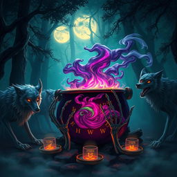 A mythical scene depicting "Vicious Wolf's Brew", an enchanting potion brewing in a cauldron amidst a dark, atmospheric forest