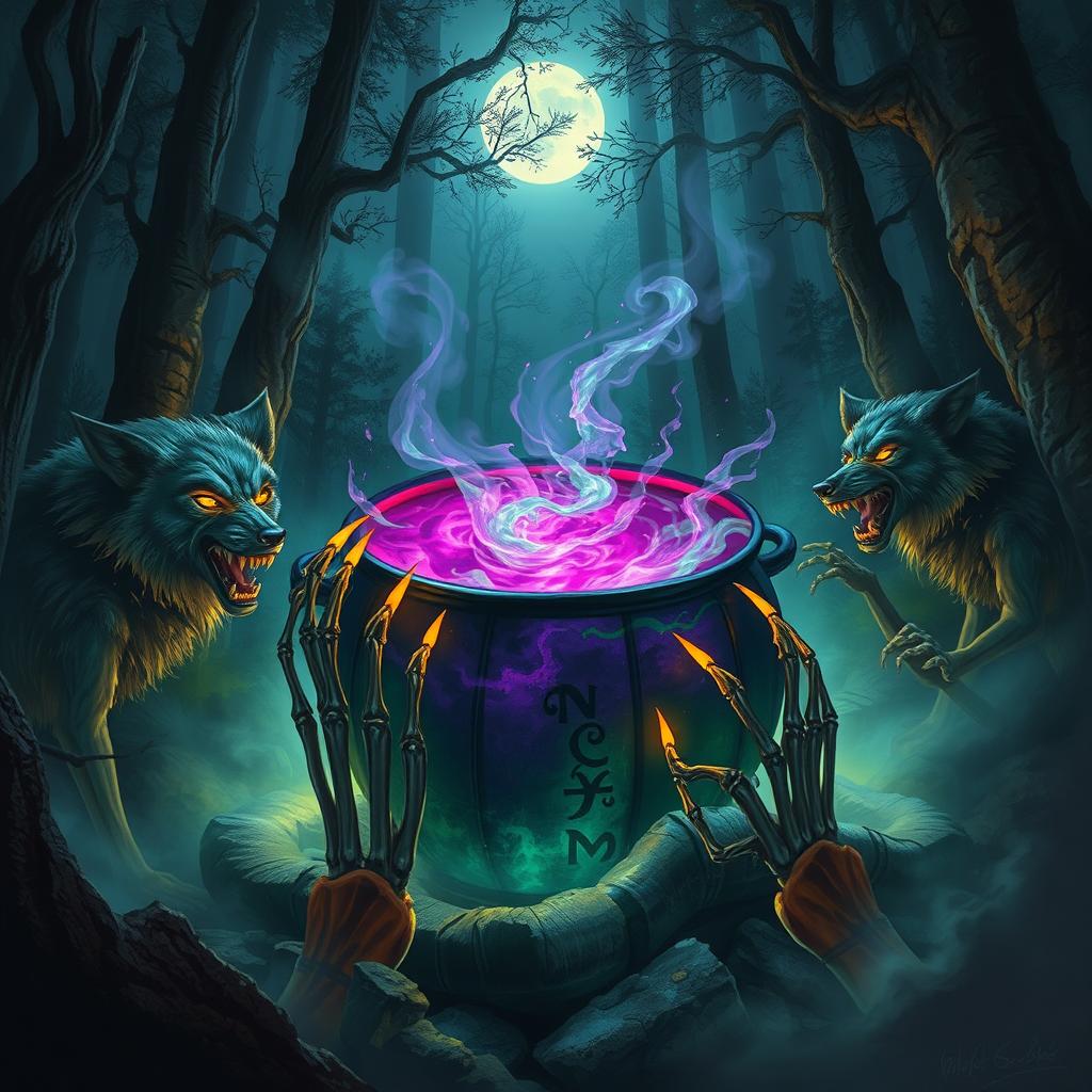 A mythical scene depicting "Vicious Wolf's Brew", an enchanting potion brewing in a cauldron amidst a dark, atmospheric forest