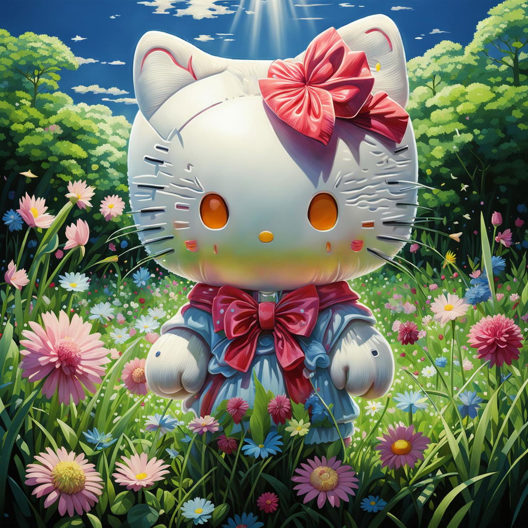 Ultra-realistic Hello Kitty in a vibrant meadow, rendered in a kawaii style for heightened cuteness and lifelike quality.