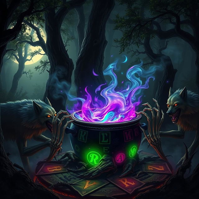 A mythical scene depicting "Vicious Wolf's Brew", an enchanting potion brewing in a cauldron amidst a dark, atmospheric forest