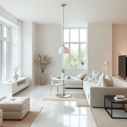A modern, minimalist, and elegant living room designed with predominantly white colors