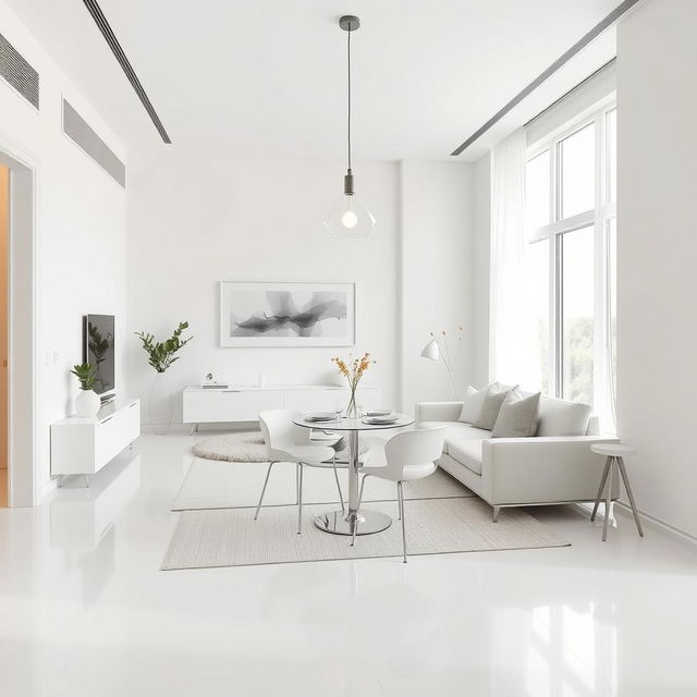 A modern, minimalist, and elegant living room designed with predominantly white colors