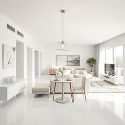 A modern, minimalist, and elegant living room designed with predominantly white colors
