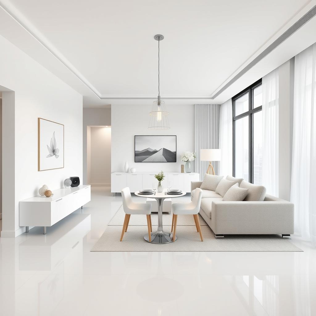 A modern, minimalist, and elegant living room designed with predominantly white colors