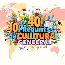 A vibrant and colorful graphic design featuring the phrase '40 Preguntas de Cultura General' artistically rendered, integrated with various symbols and icons representing diverse cultures and knowledge fields, such as books, globes, landmarks, and various cultural elements, set against a background of a world map, with an engaging, educational atmosphere