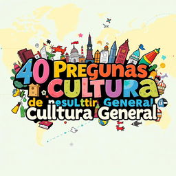 A vibrant and colorful graphic design featuring the phrase '40 Preguntas de Cultura General' artistically rendered, integrated with various symbols and icons representing diverse cultures and knowledge fields, such as books, globes, landmarks, and various cultural elements, set against a background of a world map, with an engaging, educational atmosphere