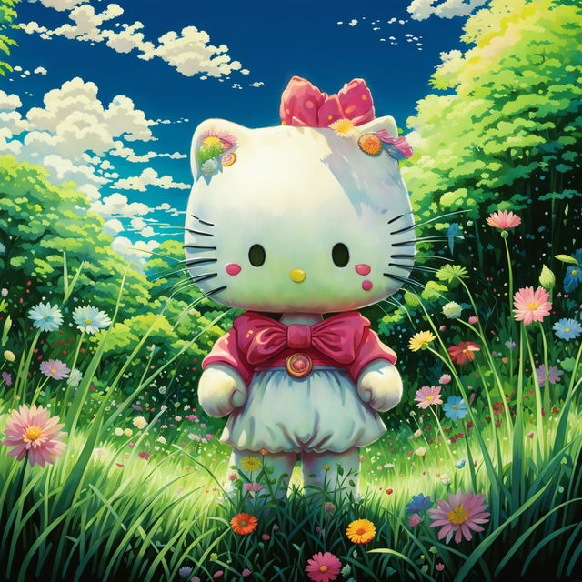 Studio Ghibli-style Hello Kitty in a vibrant meadow, capturing the whimsical and detailed aesthetic of the renowned animation studio.