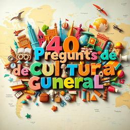 A vibrant and colorful graphic design featuring the phrase '40 Preguntas de Cultura General' artistically rendered, integrated with various symbols and icons representing diverse cultures and knowledge fields, such as books, globes, landmarks, and various cultural elements, set against a background of a world map, with an engaging, educational atmosphere