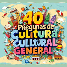 A vibrant and colorful graphic design featuring the phrase '40 Preguntas de Cultura General' artistically rendered, integrated with various symbols and icons representing diverse cultures and knowledge fields, such as books, globes, landmarks, and various cultural elements, set against a background of a world map, with an engaging, educational atmosphere