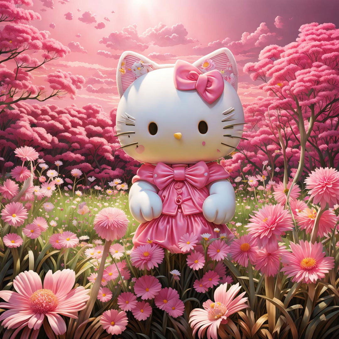 Hello Kitty in a pink-hued meadow, rendered in a soft aesthetic that bathes the entire scene in warm, rosy tones.