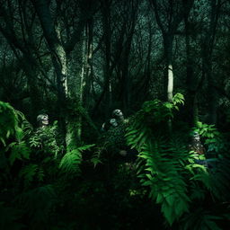 Menacing kidnappers garbed in skeleton face masks and bulletproof vests over semi-combatant attire, hiding amidst the dense foliage of a forest.