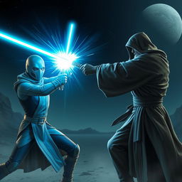 A dynamic scene featuring a glowing light saber being wielded in an epic duel between two skilled fighters, set in a dark, mysterious sci-fi landscape