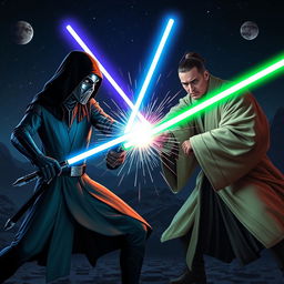 A dynamic scene featuring a glowing light saber being wielded in an epic duel between two skilled fighters, set in a dark, mysterious sci-fi landscape