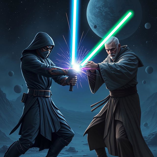 A dynamic scene featuring a glowing light saber being wielded in an epic duel between two skilled fighters, set in a dark, mysterious sci-fi landscape