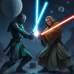 A dynamic scene featuring a glowing light saber being wielded in an epic duel between two skilled fighters, set in a dark, mysterious sci-fi landscape