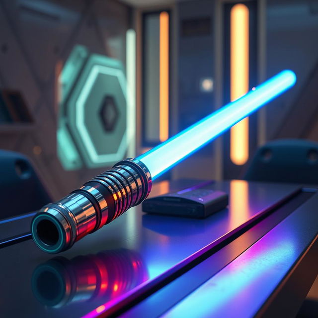 A vibrant and detailed scene featuring a futuristic light saber resting on a sleek, modern table