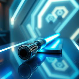 A vibrant and detailed scene featuring a futuristic light saber resting on a sleek, modern table