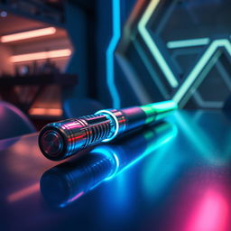 A vibrant and detailed scene featuring a futuristic light saber resting on a sleek, modern table