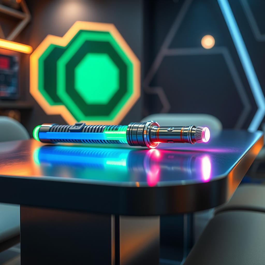 A vibrant and detailed scene featuring a futuristic light saber resting on a sleek, modern table